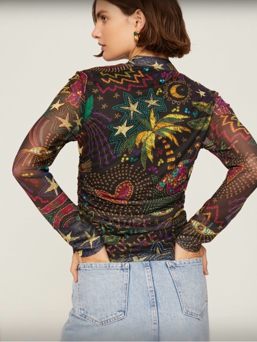 FARM Rio Black Multicolor Graphic Mock Neck Long-Sleeve Top - Picture 2 of 3